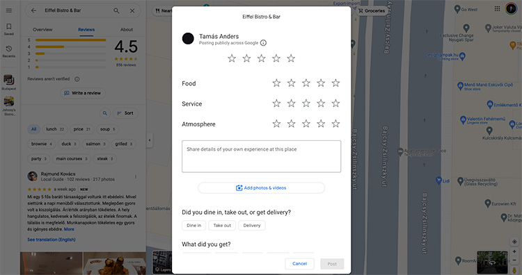google értékelés adása étterem esetében